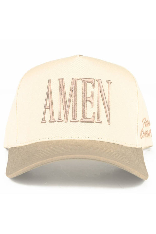 Beige Embrace faith over fear with this striking C.C AMEN embroidered trucker hat. Featuring bold two-tone styling and classic snap back closure, it's designed for everyday wear and spiritual expression. Crafted from 100% cotton for breathability and comfort, this one-size-fits-all cap has a 22.5" circumference that adjusts to most head sizes. The structured trucker silhouette offers excellent sun protection and a timeless look. Made in Vietnam with quality construction that lasts. Perfect for those seeking