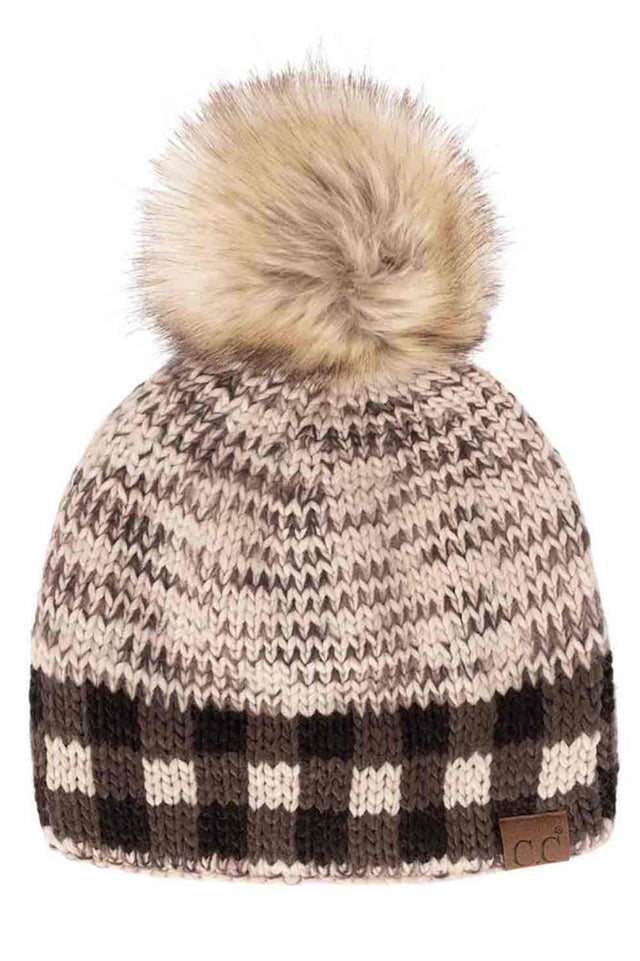 Beige Stay cozy in style with the C.C Heather Chunk Beanie featuring a trendy check pattern band for a modern, eye-catching touch. Crafted with soft, warm knit fabric, it offers comfortable coverage and a snug fit for chilly days.