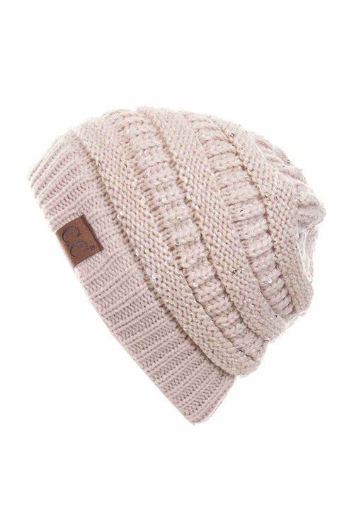 C.C Sequin Ponytail Messy Bun Beanie - Beige - Beige