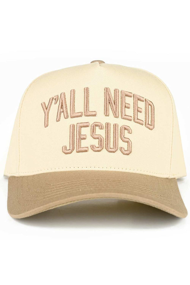 Beige C.C Y'ALL NEED JESUS Embroidered Letter Two Tone Baseball Cap Trucker Hat Classic trucker style with bold embroidered messaging and contrasting two-tone design. Snapback closure for adjustable, one-size-fits-most comfort. Crafted from 100% cotton for breathability and durability. Circumference measures 22.5" for a relaxed fit. Made in Vietnam. Perfect for everyday wear or making a statement. Lightweight and versatile pairs with casual outfits effortlessly.