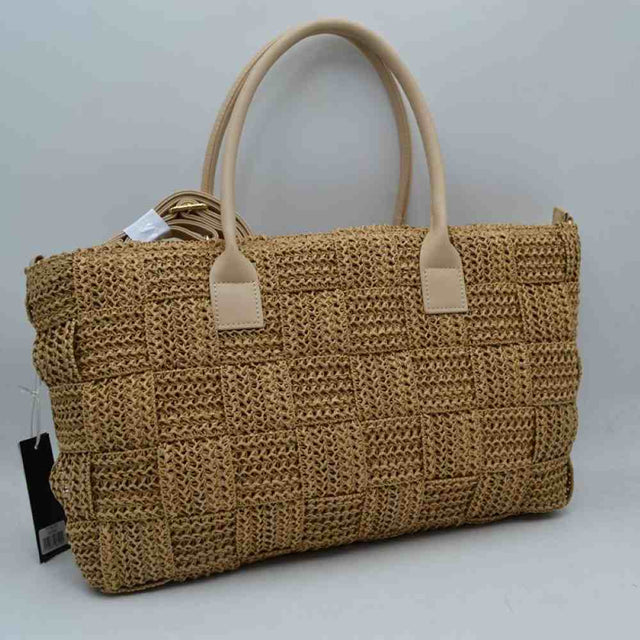 Beige Embrace effortless summer style with this beautiful woven straw tote bag. Perfect for beach days, farmers' market runs, or casual brunch dates, this bag combines a rustic, natural aesthetic with modern functionality.