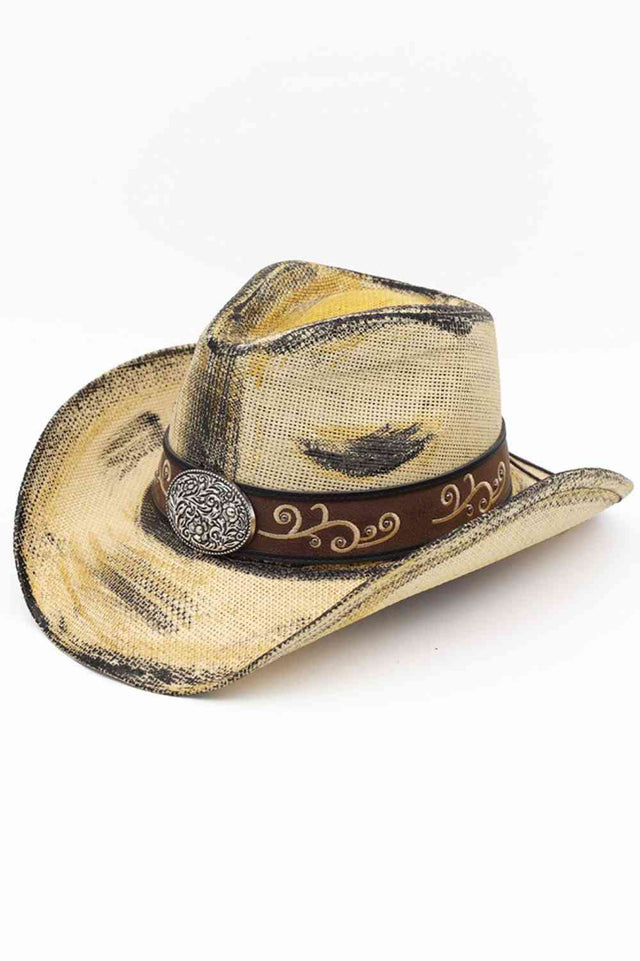 Beige Embrace Western style with this rustic straw cowboy hat, featuring a faux leather band adorned with beads and studs for authentic cowgirl charm. Crafted from 100% paper material, it's lightweight and breathable perfect for outdoor adventures, festivals, or everyday wear. The silver accents add a touch of sparkle to your look. Made in China.