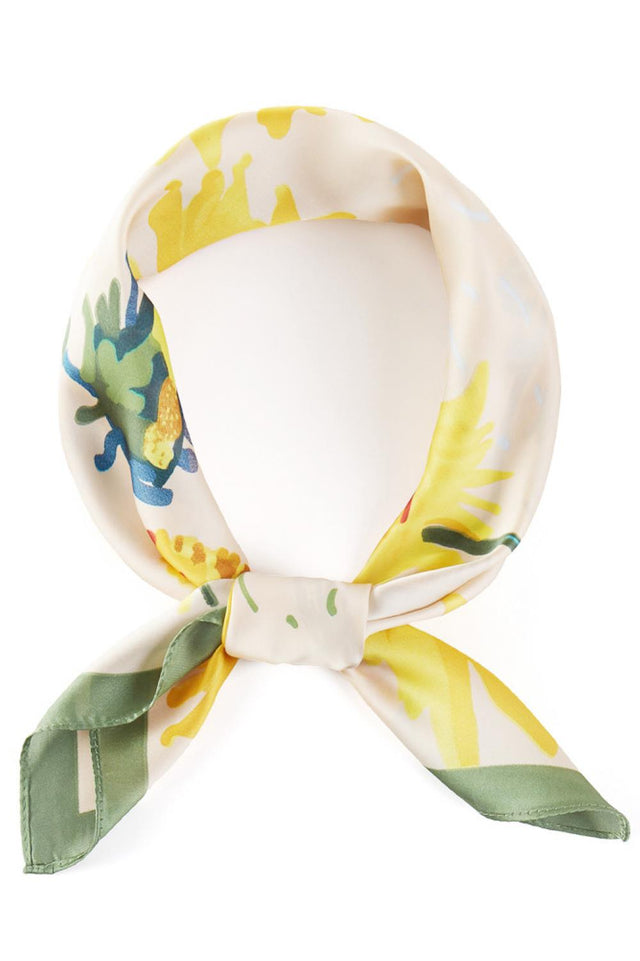 Beige Brighten your look with this cheerful sunflower pattern bandana scarf. Crafted from 100% polyester, it's lightweight and silky-smooth, making it perfect for any season. The generous 27.5" x 27.5" square size offers versatile styling options wear it as a headscarf, neck wrap, or accessory. Effortlessly transition from casual to chic with this timeless print that adds a pop of color to any outfit.
