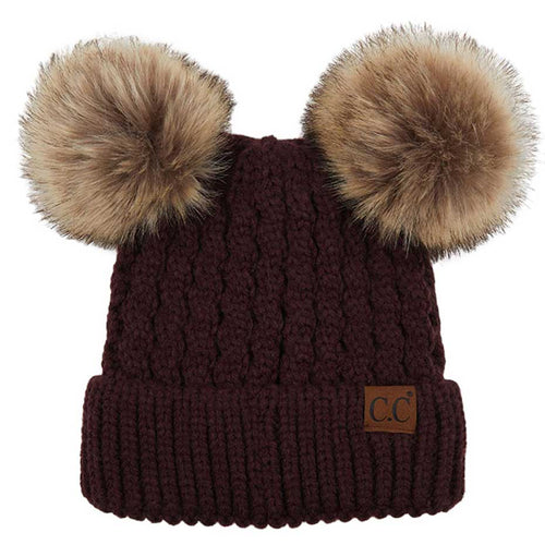 C.C Women's Double Pom All Over Cable Knit Beanie - Berry