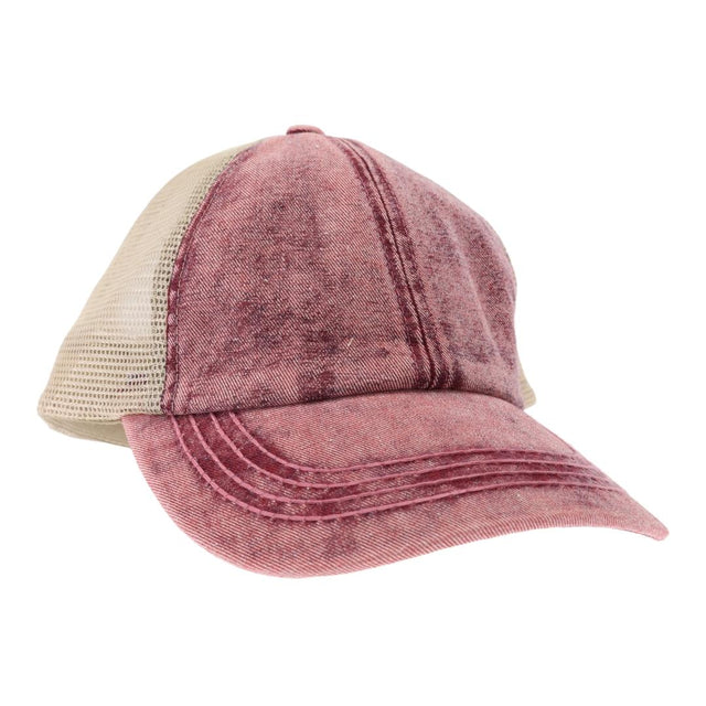 C.C STONEWASHED DENIM CRISS CROSS PONYCAP - Berry - Pony Cap
