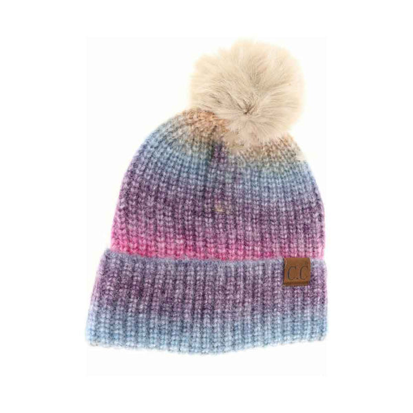 Berry-Multi C.C Multicolor Ombre Beanie with Soft Faux Color Fur Pom, wear it before running out the door into the cool air to keep yourself warm and toasty and look absolutely beautiful. You’ll want to reach for this toasty beanie to keep you incredibly warm everywhere and every occasion. 