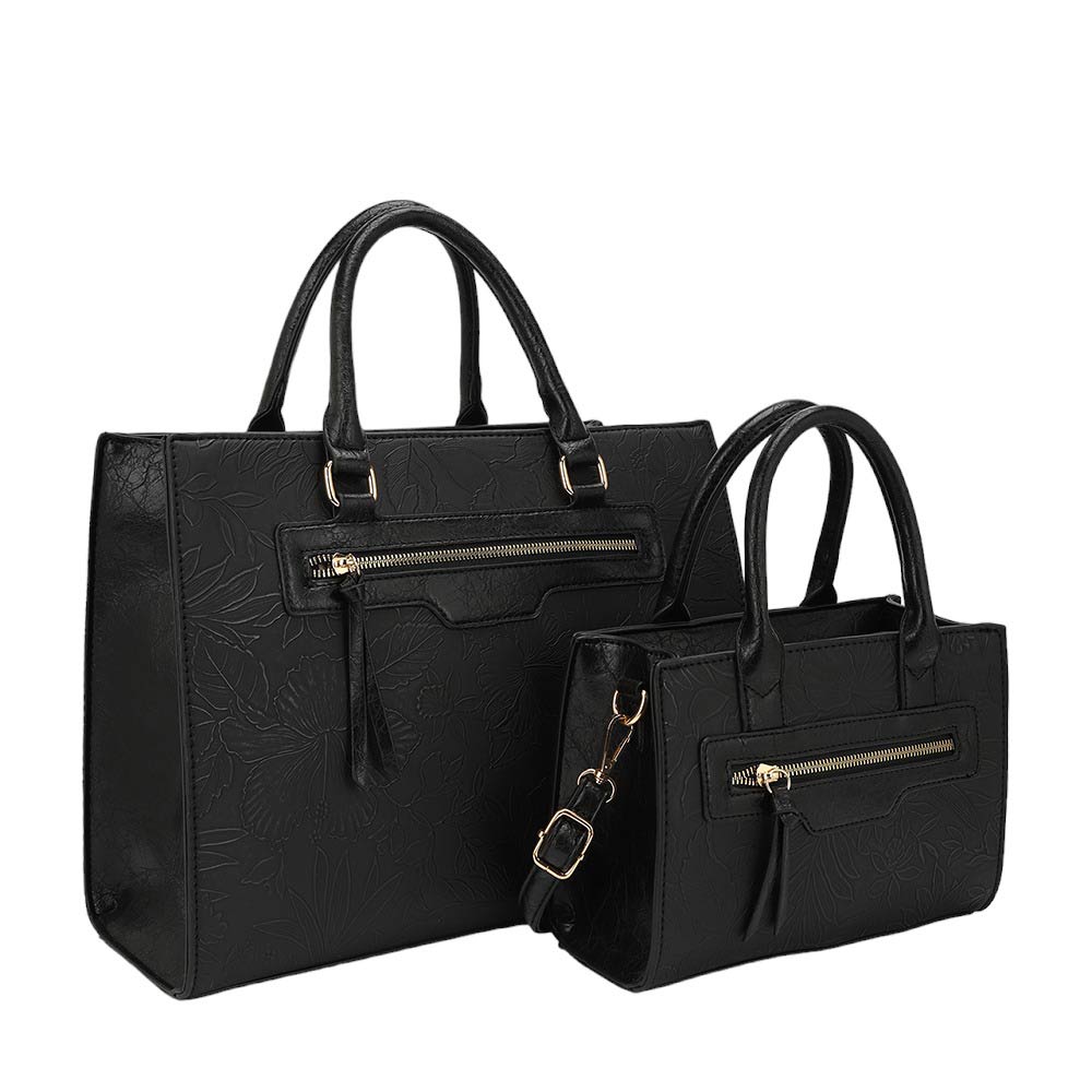 Black 2 In 1 Faux Leather Flower Detailed Tote Shoulder Bag set, Crafted from high-quality faux leather, the tote bags feature an outside zipper pocket and come with a convenient shoulder strap for easy carrying. With its sleek design and versatile use, perfect way to add a touch of sophistication to any outfit.