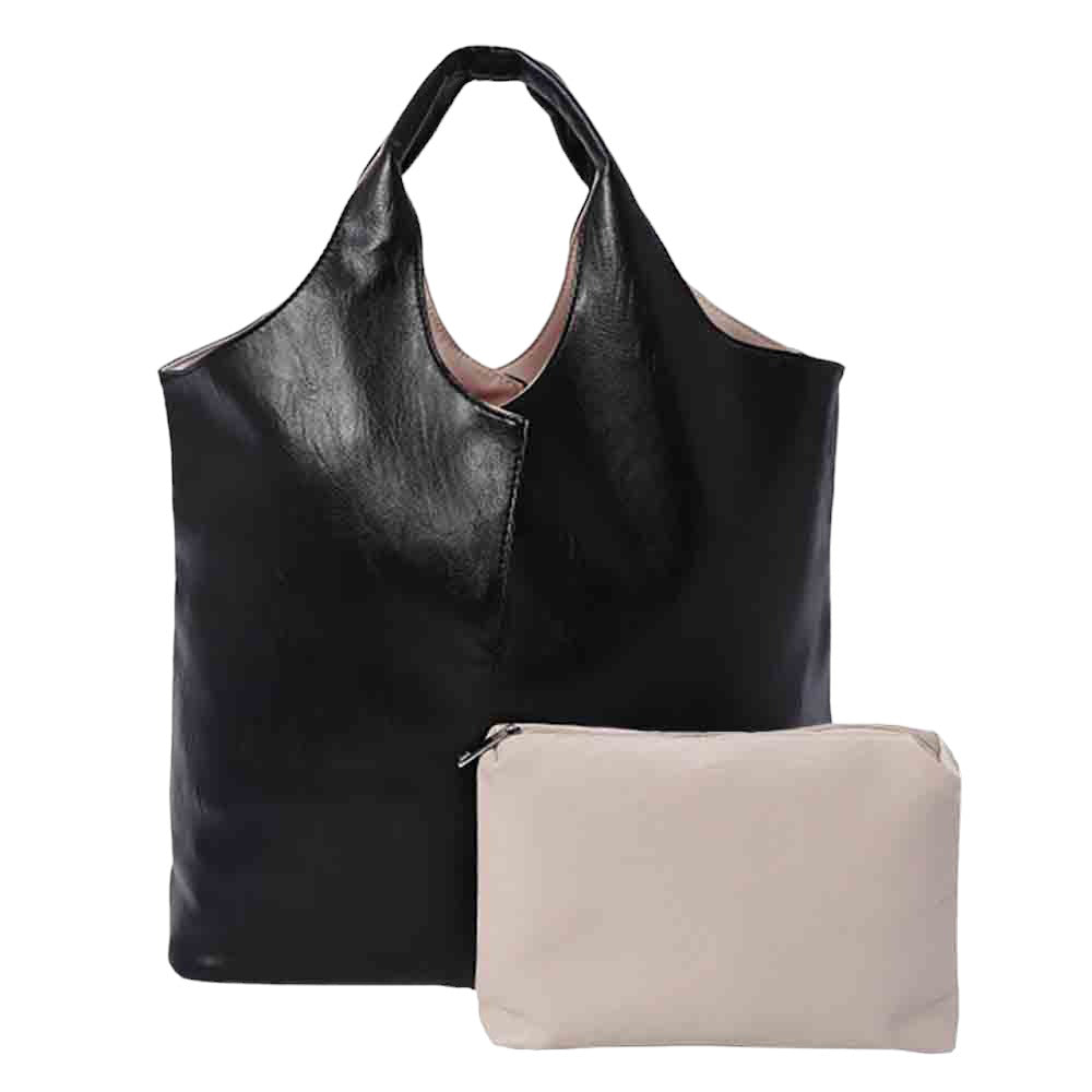 Black 2PCS Reversible Metallic Tote and Pouch Bags, offers an all-around stylish and practical way to carry your essentials. Each piece features a zipper closure for secure storage and easy access. The versatile design means you can reverse the bag and create a whole new look! Ideal for everyday use and as a functional gift.