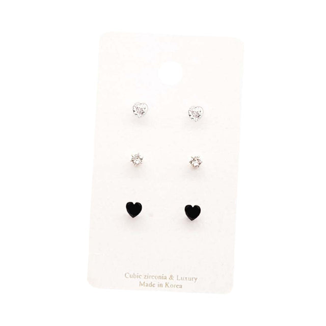 Black 3 pairs of CZ heart round stud earrings provide a timeless and elegant accessory for any outfit. Featuring high-quality cubic zirconia stones, they offer a dazzling sparkle that will elevate your look. With a classic and versatile design, these earrings are the perfect addition to any jewelry collection.