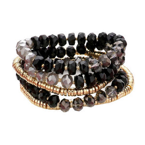 Black 5PCs Faceted & Heishi Beaded Multi Layered Stretch Bracelet, is crafted with a combination of faceted and heishi beads for a unique look. The stretchable design fits most wrists, making it perfect for special occasion. The multi-layered design adds a stunning look that will be sure to turn heads.