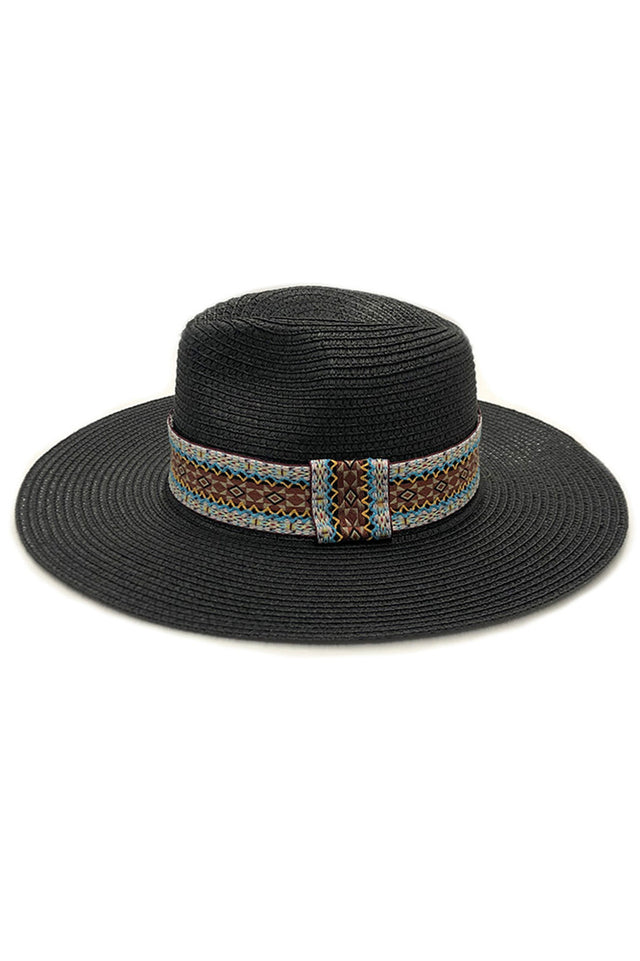 Black AZTEC BAND PANAMA HAT exemplifies traditional hatmaking craftsmanship, distinguished by its authentic Aztec band featuring precise geometric configurations. The specialized weaving methodology creates a microclimate between the hat and the wearer, facilitating optimal temperature regulation. The calculated brim-to-crown ratio provides maximum solar protection while maintaining aesthetic proportionality.