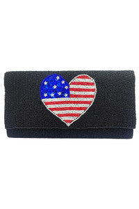 American Flag Heart Glass Beads Clutch combines patriotic charm with expert craftsmanship. Featuring a heart-shaped design adorned with meticulously arranged glass beads in the colors of the American flag, it offers a striking accessory for special occasions. Its compact size ensures convenience without sacrificing style, making it an ideal choice for those seeking a unique statement piece that reflects both elegance and national pride.