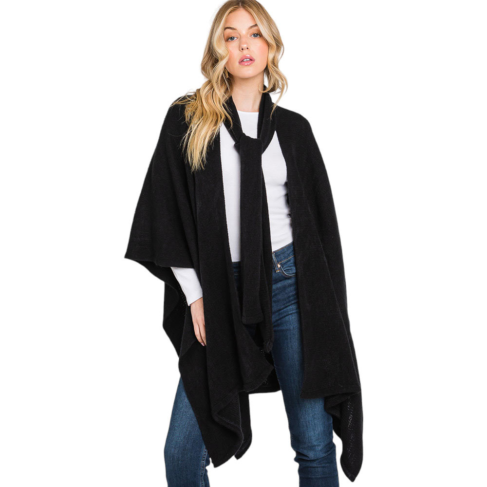 Black Attached Scarf Solid Cape Poncho With Neckline Tie, with the latest trend in ladies' outfit cover-up! the high-quality knit cape poncho is soft, comfortable, and warm but lightweight. It's perfect for your daily, casual, evening, vacation, and other special events outfits. A fantastic gift for your friends or family.