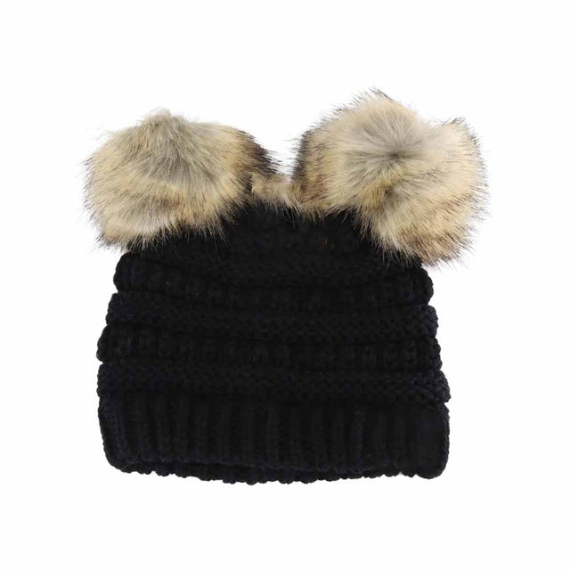 Black BABY Solid Ribbed Faux Fur Double Pom C.C Beanie combines soft ribbed knit fabric with two plush faux fur pom-poms, delivering cozy warmth and playful style for little ones. Its stretchable design ensures a snug, comfortable fit, perfect for keeping babies warm during chilly days while adding an adorable touch to any outfit. Durable and easy to care for, this beanie is an expert choice for both function and fashion in children's cold-weather accessories. 