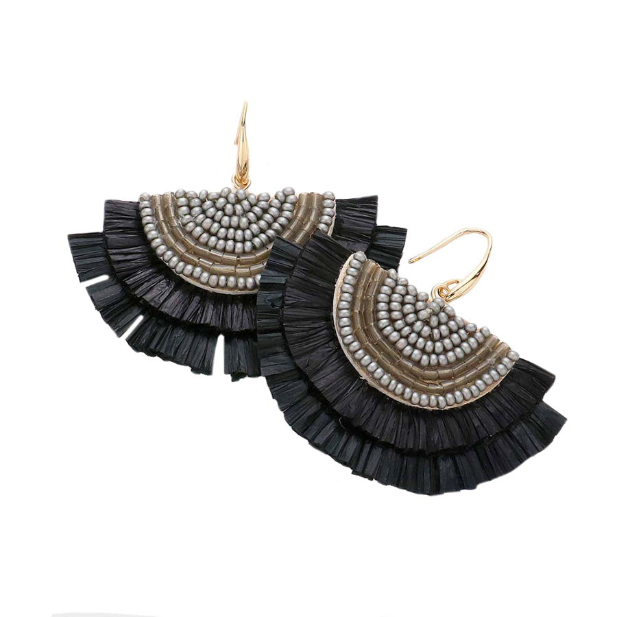 Black Bead Embellished Raffia Fringe Dangle Earrings, adorn yourself with these Raffia fringe dangle earrings! Enhance your attire with these vibrant artisanal earrings to show off your fun trendsetting style. 