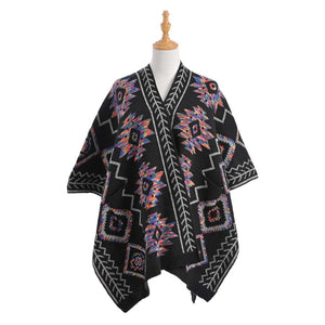 Black Beautiful Boho Patterned Front Pockets Poncho, with the latest trend in ladies' outfit cover-up! the high-quality knit poncho is soft, comfortable, and warm but lightweight. It's perfect for your daily, casual, party, evening, vacation, and other special events outfits. A fantastic gift for your friends or family.