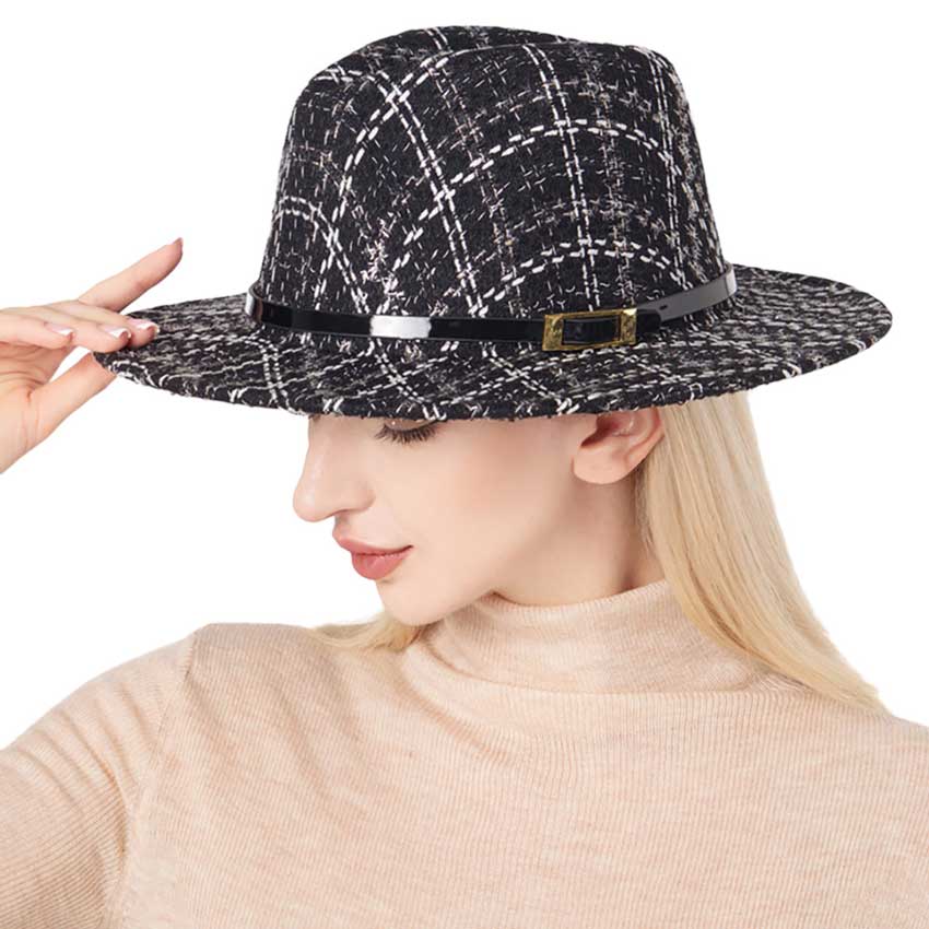 Black Belt Band Accented Check Patterned Fedora Hat, is stylish and on-trend. Featuring a unique check pattern with a belt band accent, this hat is the perfect accessory to any outfit, elevating any look to the next level. Ideal gift for friends and family members or yourself.