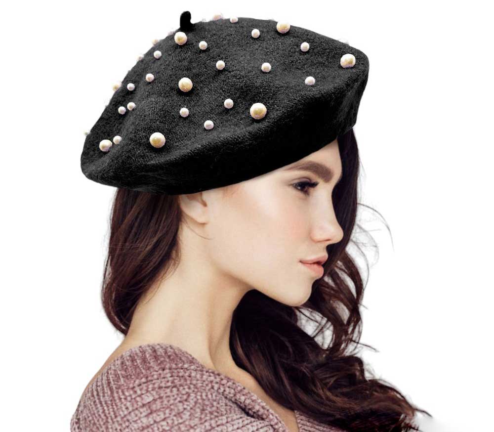 Black-Pearl Embellished Tam Beret Hat, Featuring a classic beret design, this stylish hat is adorned with elegant pearls for a touch of sophistication.Adding a touch of glamour to any outfit, this hat is a must-have accessory for any fashion-forward individual.Upgrade your style today with our Pearl Embellished Tam Beret Hat