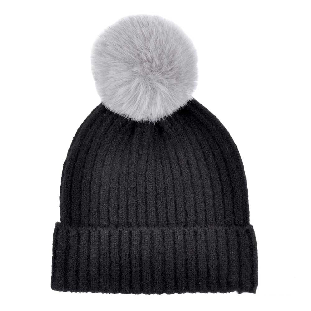 Black-Solid Color Pom Pom Two Tone Beanie Hat, Made from high-quality materials, this hat features a soft and cozy pom pom detail and a two-tone design. Perfect for any cold weather outfit,this hat is a must-have for your winter wardrobe.Ideal for travelers who are on vacation or just spending some time in the great outdoors