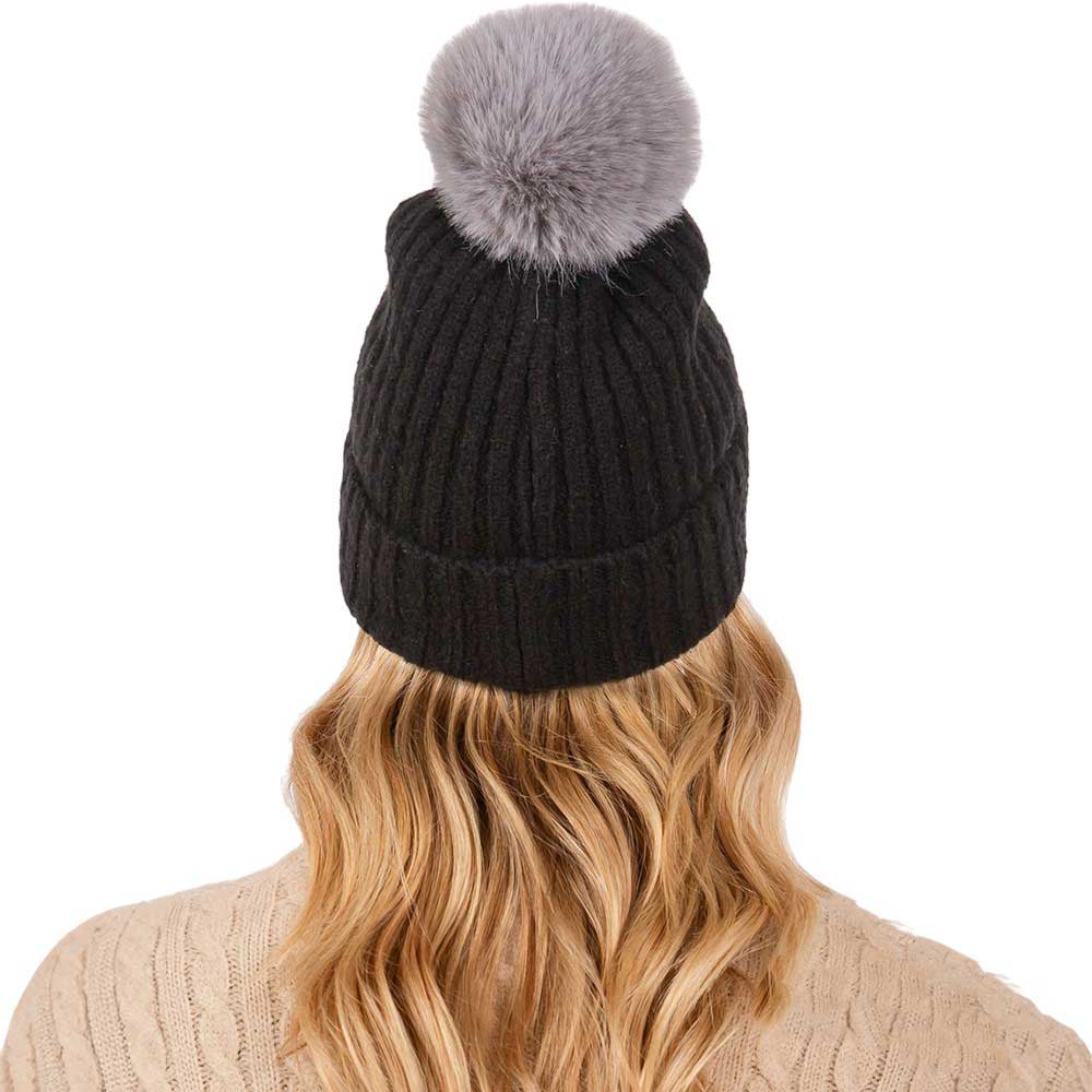 Black-Solid Color Pom Pom Two Tone Beanie Hat, Made from high-quality materials, this hat features a soft and cozy pom pom detail and a two-tone design. Perfect for any cold weather outfit,this hat is a must-have for your winter wardrobe.Ideal for travelers who are on vacation or just spending some time in the great outdoors