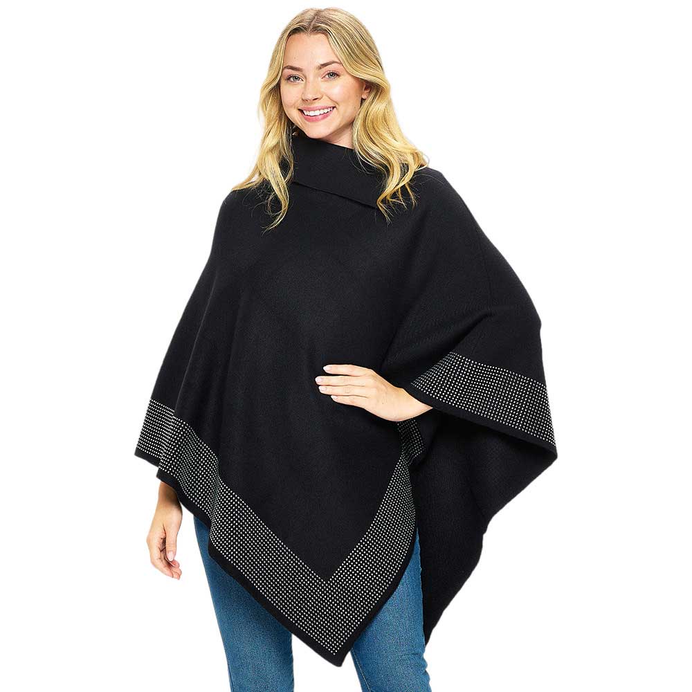 Black Bling Border Solid Neck Poncho, with the latest trend in ladies' outfit cover-up! the high-quality knit neck poncho is soft, comfortable, and warm but lightweight. Stay protected from the chilly weather while taking your elegant looks to a whole new level with an eye-catching, luxurious casual outfit for women!
