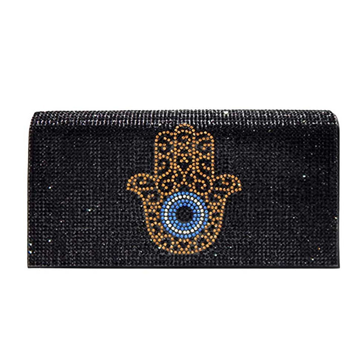 Black Bling Evil Eye Hamsa Hand Evening Clutch Crossbody Bag, is beautifully designed and fit for all special occasions & places. Perfect for makeup, money, credit cards, keys or coins, and many more things. This bling evil eye crossbody bag feature contains a detachable shoulder chain and magnetic closure that makes your life easier and trendier.