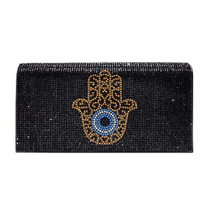 Black Bling Evil Eye Hamsa Hand Evening Clutch Crossbody Bag, is beautifully designed and fit for all special occasions & places. Perfect for makeup, money, credit cards, keys or coins, and many more things. This bling evil eye crossbody bag feature contains a detachable shoulder chain and magnetic closure that makes your life easier and trendier.