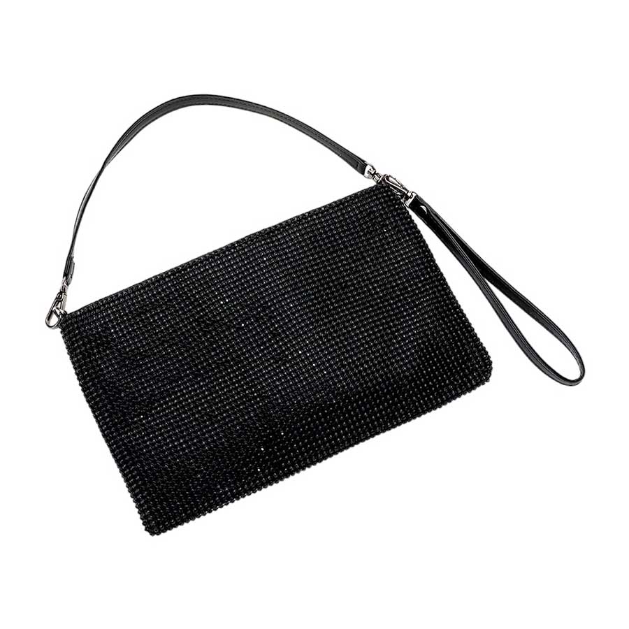 Black Bling Flat Clutch Crossbody Bag, is perfect for the fashionista on the go. Crafted from high-quality materials, the bag features a chic bling design with a flat clutch and adjustable crossbody strap for hands-free ease. Perfect for special occasions, get ready to sparkle and shine!