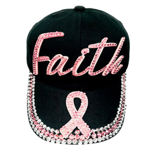 Bling Pink Ribbon Faith Message Baseball Cap, a cool Baseball Cap perfect for smart and trendy women! Perfect for walks in the sun or rain, great for a bad hair day, and still looks cool. Soft textured, embroidered message and distressing contrast stitching baseball cap with Faith message will become your favorite cap.