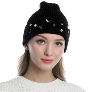 Black Bling Stone Embellished Knit Beanie Hat, wear this beautiful beanie hat with any ensemble for the perfect finish before running out the door into the cool air. The hat is made in a unique style and it's richly warm and comfortable for winter and cold days. Perfect gift item for all occasions.