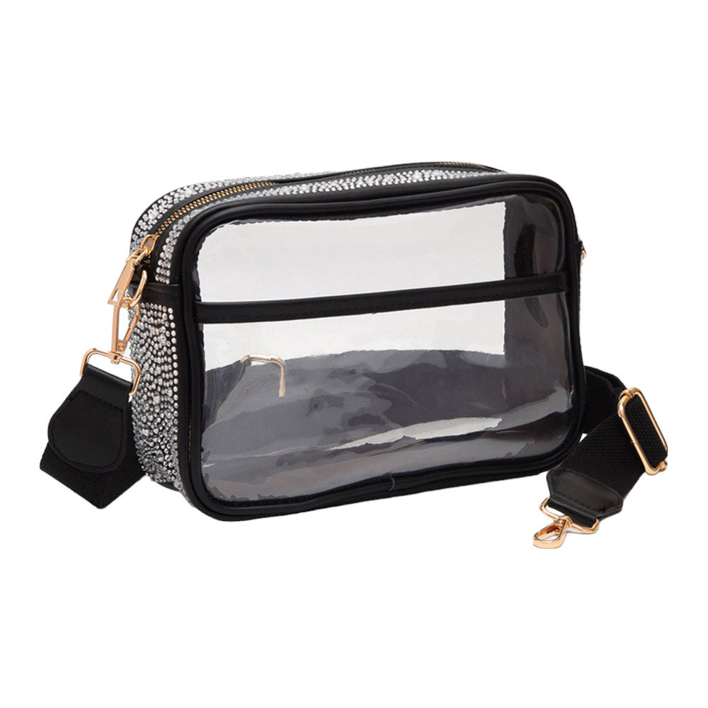 Black-Bling Studded Faux Leather Clear Rectangle Crossbody Bag features a faux leather construction with bling studded details. The clear rectangle shape offers a unique and trendy design. With this bag, you can carry your essentials hands-free while also making a statement in any outfit.