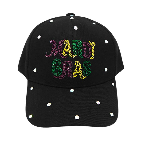 Black-Bling Studded MARDI GRAS Message Accented Baseball Cap features a stunning MARDI GRAS message adorned with sparkling studded accents. Perfect for any festive occasion, this baseball cap adds a touch of bling to your outfit. Stand out in style and celebrate in comfort with this eye-catching accessory.