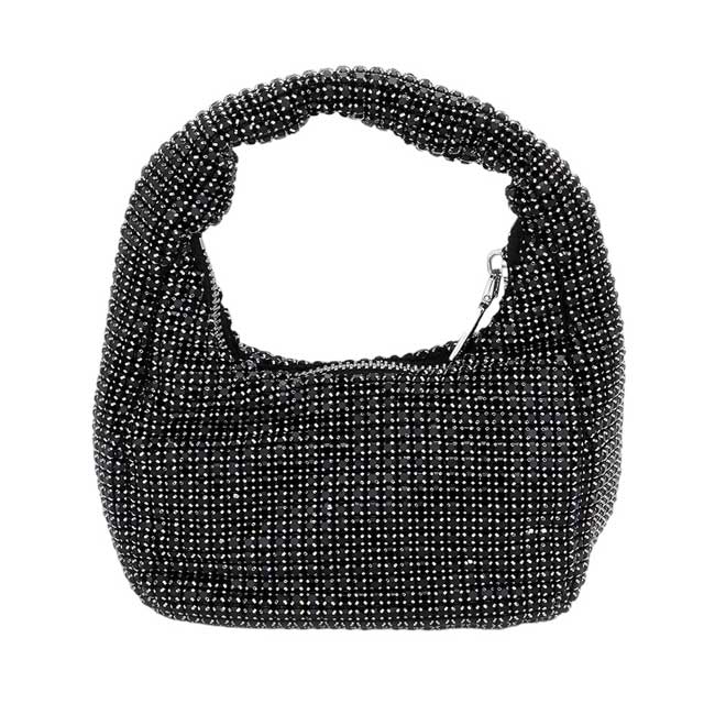 Black Bling Studded Micro Mini Top Handle Bag, elevate any outfit with its sophisticated and exclusive design, perfect for any fashion-forward individual. The bling studded details add a touch of glamour, while the compact size allows for convenience without sacrificing style. Carry your essentials in style with this bag.