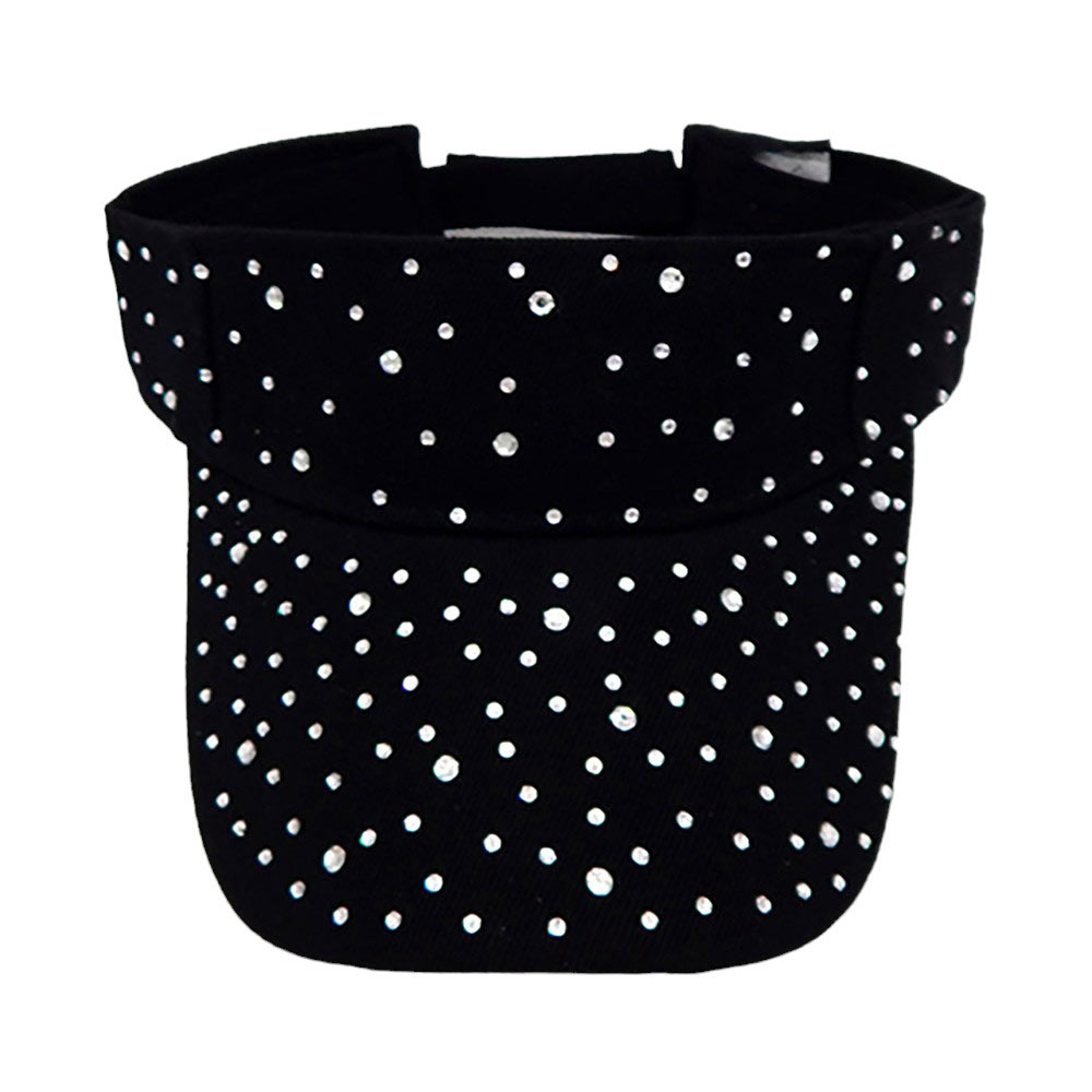 Black Bling Studded Visor Hat, Elevate your style with our luxurious visor. This stunning accessory boasts intricate studded details that add a touch of glamour to your look. Perfect for shielding your eyes from the sun's rays while making a statement with your fashion choices. Experience luxury with every wear.
