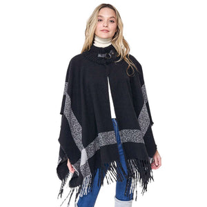 Black Bordered Fringe Open Cape Ruana Poncho, This luxurious poncho features a chic bordered fringe, making it perfect for any occasion. Crafted from soft, comfortable fabric, this poncho will keep you feeling cozy and looking stylish. Excellent winter gift choice!