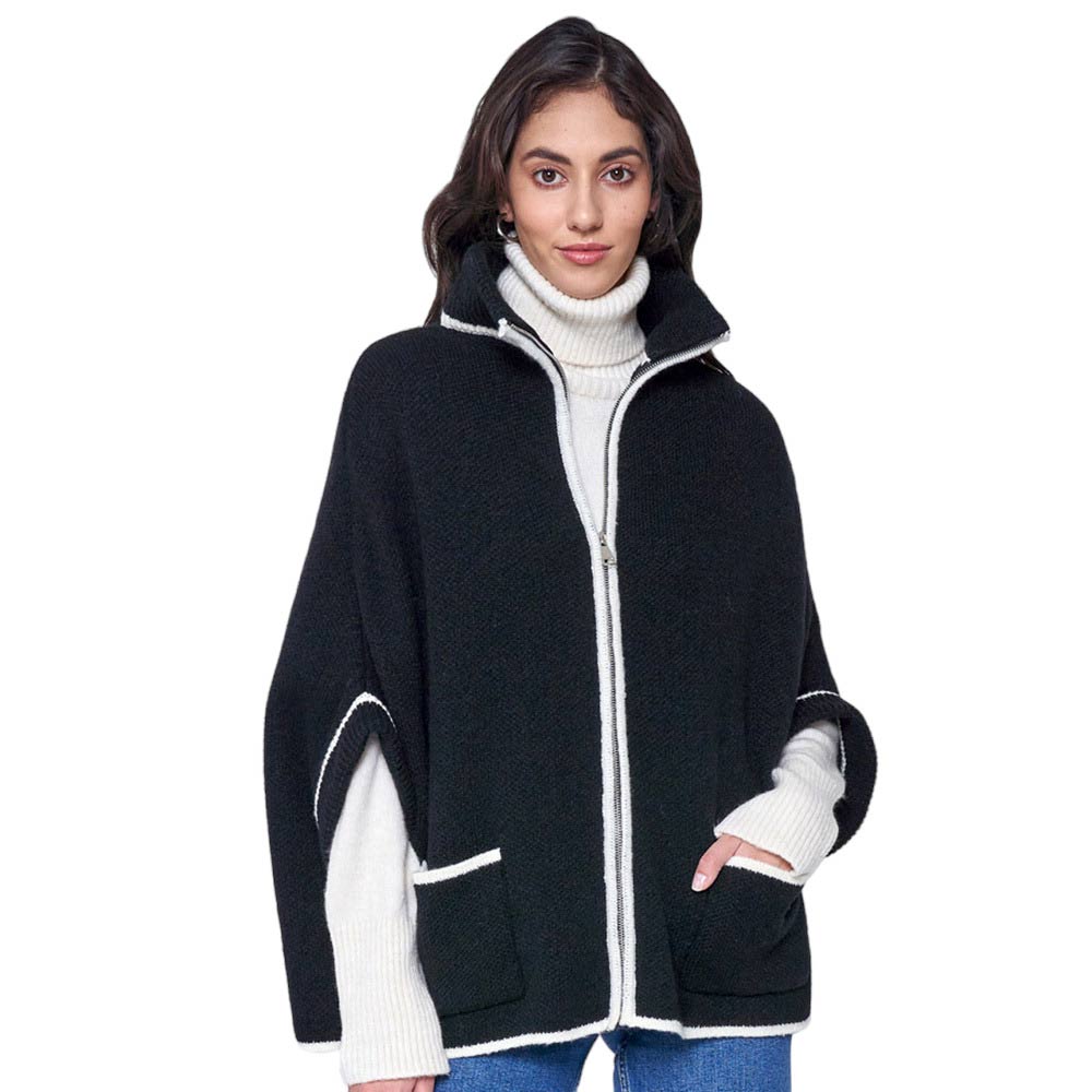 Black Bordered Front Pockets Zip Up Poncho, Stay warm and stylish this season with this stylish poncho which features two bordered front pockets, perfect for keeping your hands warm while out and about. Perfect for the colder months, to any wardrobe! Exquisite gift choice for fashion loving family members and friends.