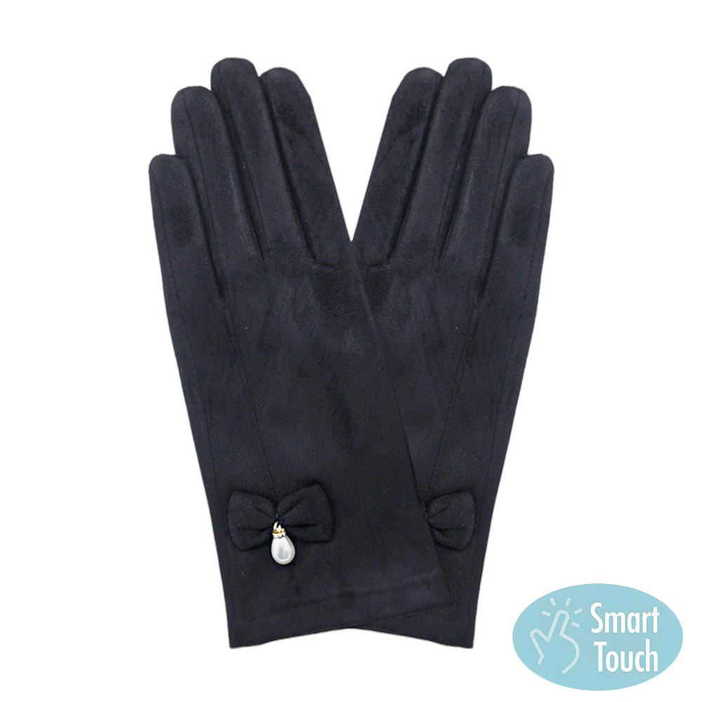 Black Bow Pearl Dangle Pointed Faux Suede Smart Touch Gloves, these smart gloves designed for both stylish and practical use. With a smart touch feature, these gloves allow easy use of touchscreen devices. The faux suede material keeps your hands warm and comfortable, while the bow and pearl dangle add a touch of elegance.