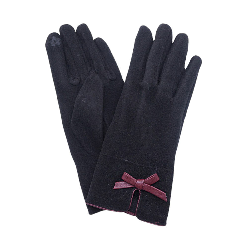 Black-Bow Pointed Faux Suede Smart Touch Gloves , Crafted with soft faux suede and a charming bow detail, these gloves also feature touch screen compatibility for easy use of your devices. Stay warm and connected this winter with these versatile and chic gloves.
