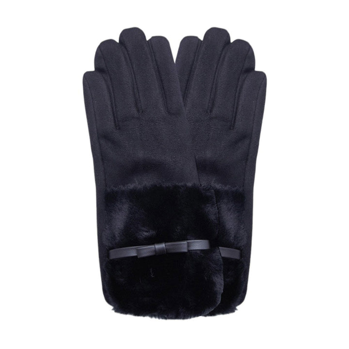 Black-Bow Pointed Fuzzy Fur Collar Suede Smart Touch Gloves, Added touch of a bow and fuzzy fur collar makes them the perfect accessory for any outfit. Plus, with smart touch technology, you can easily use your phone while keeping your hands cozy. Experience the ultimate combination of fashion and functionality. 
