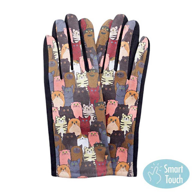 Black Brown Multi Cat Pattern  Printed Smart Touch Gloves, Experience ultimate convenience and warmth with our special designed gloves. With functional touchscreen compatibility and a playful cat design, these gloves will keep your hands cozy and allow you to use your devices without interruption. No more sacrificing style.