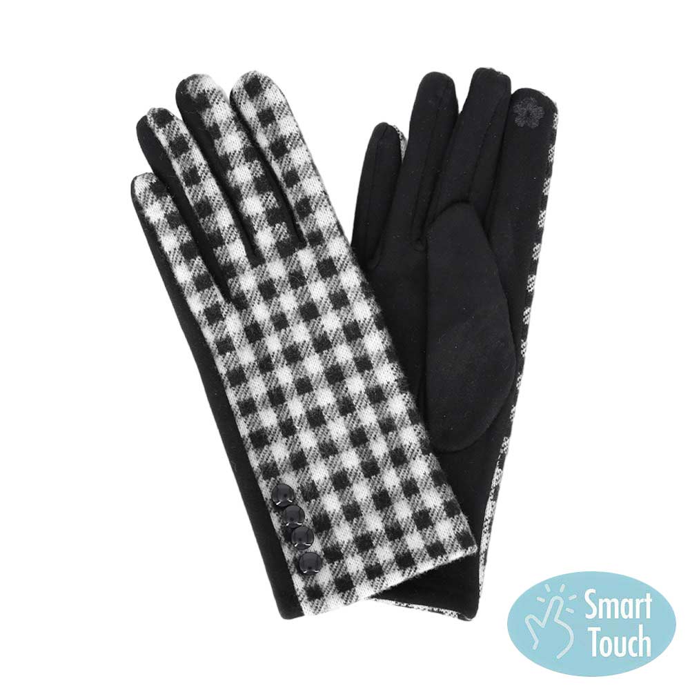 Black Buffalo Check Patterned Touch Smart Gloves, designed for comfort and usability. They are made with durable composite fabric. It features touch sensors at the fingertips that allow use of any touchscreen device. Excellent gift for tech user friends and family members, young adults, co-workers, or yourself.
