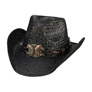 Black Butterfly Accented Faux Leather Band Straw Cowboy Hat, This straw cowboy hat features a faux leather band adorned with beautiful butterfly accents. The combination of natural materials and elegant embellishments makes this hat a stylish and environmentally friendly accessory. Perfect gift idea for western lovers!