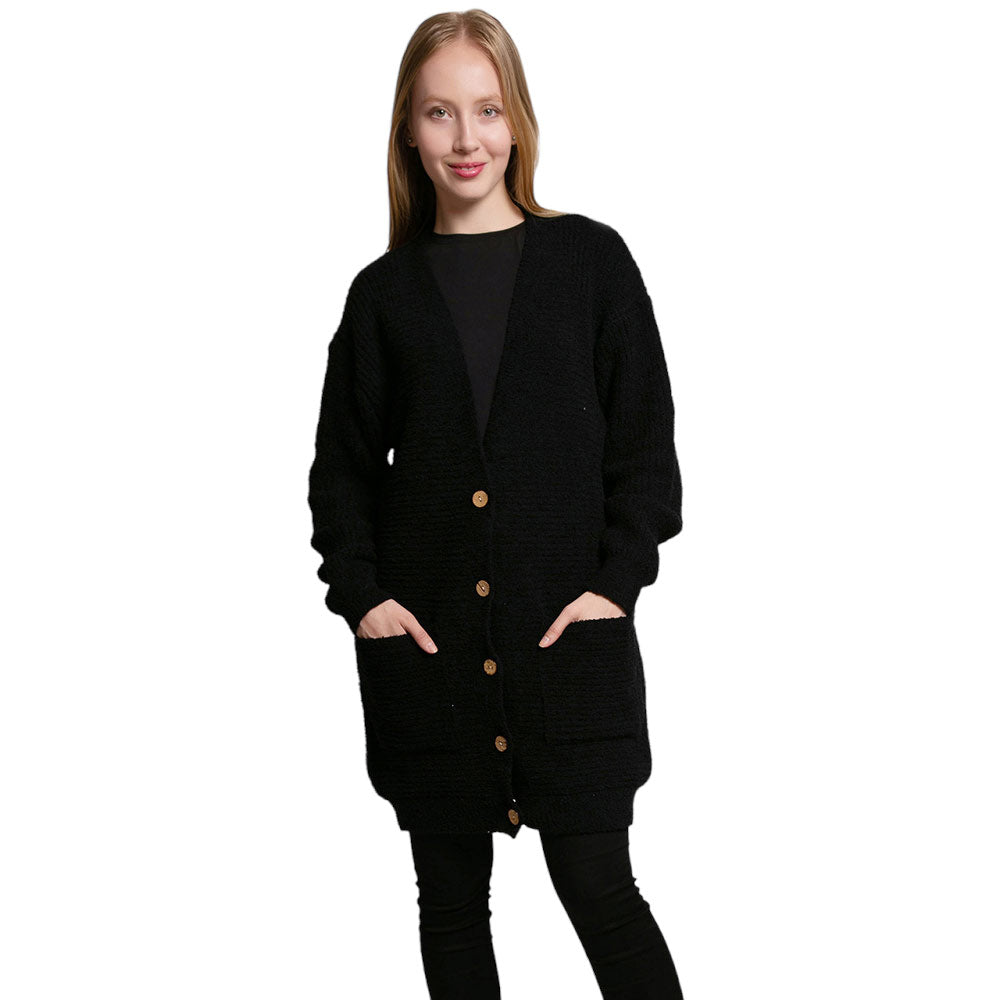 Black Button Detailed Front Pockets V Neck Cardigan, on-trend & fabulous, and a luxe addition to any cold-weather ensemble. A beautiful choice for those who like extra layers without bulkiness. You can throw it on over so many pieces elevating any casual outfit! Perfect gift for wife, mom, birthday, holiday, etc.
