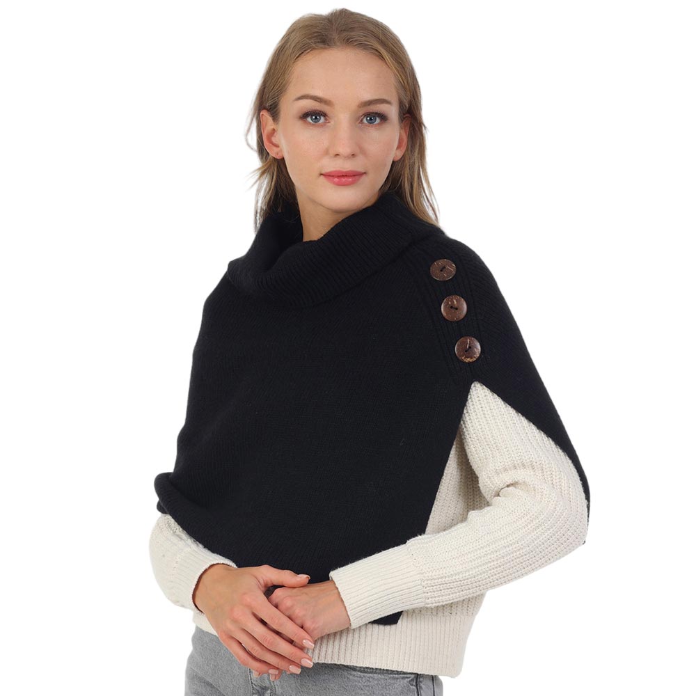 Black Button Pointed Slit Turtleneck Knit Shawl Scarf, with the latest trend in ladies' outfit cover-up! the high-quality knit shawl poncho scarf is soft, comfortable, and warm but lightweight. It's perfect for your daily, casual, party, evening, and other special events outfits. A fantastic gift for your friends or family.
