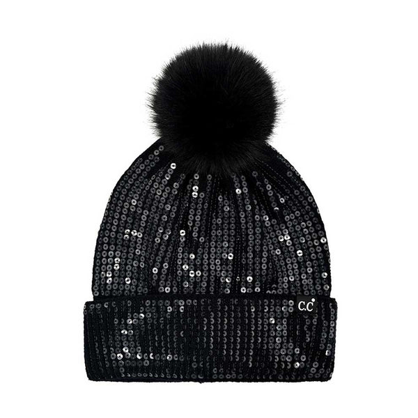 Black C.C All Over Clear Sequin Pom Beanie, this C.C beanie stands out with its sparkling sequins that cover the entire surface. It's the autumnal touch you need to finish your outfit in style. Awesome winter gift accessory for Birthdays, Christmas, Anniversary, or Valentine's Day to your friends, family, and loved ones.