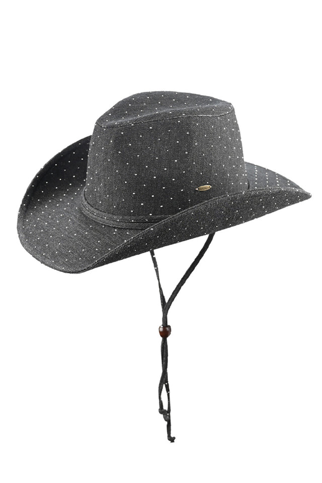 Black C.C All Over Rhinestone Denim Cowboy Hat adds a touch of sparkle to your western style. The denim material provides durability while the all-over rhinestone design adds a touch of glam. Perfect for any occasion, from a day at the rodeo to a night out on the town.