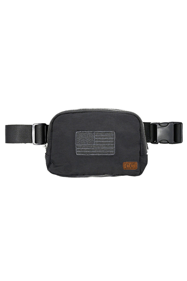 Black C.C American Flag Embroidery Patch Fanny Pack is a stylish and practical accessory for everyday use. Crafted with an embroidered American flag patch, this fanny pack is both patriotic and fashionable. With its spacious compartments and adjustable waist strap, it offers convenience and hands-free functionality. Perfect for carrying essentials while showing off your American pride.