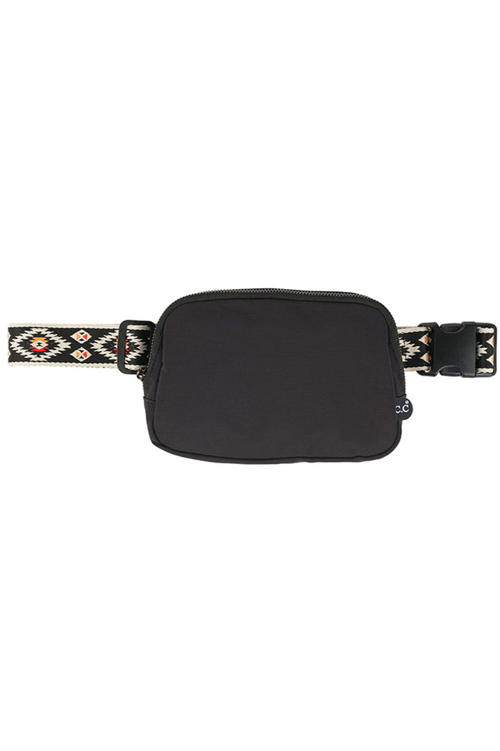 Black C.C Aztec Strap Fanny Pack is made with durable material and a unique Aztec strap design. With its adjustable strap and multiple pockets, it provides convenience and style for all of your essentials. Stay hands-free and organized while on the go with this trendy fanny pack.