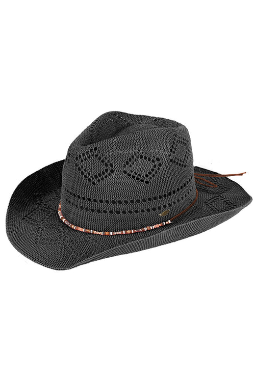 C.C Beaded Charm Trim Woven Cowboy Hat - Black