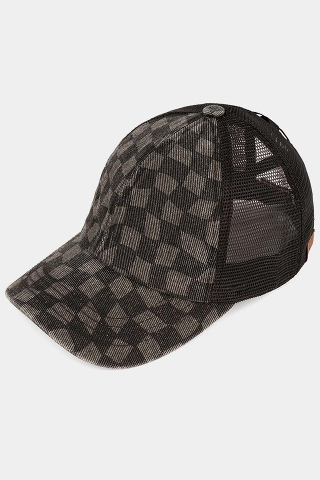Black C.C. CHECKERED PATTERN CRISS CROSS BASEBALL CAP is a stylish accessory for any outfit. The checkerboard pattern adds a trendy touch, while the crisscross design provides a unique and comfortable fit. Made from high-quality materials, this cap is durable and perfect for everyday wear.